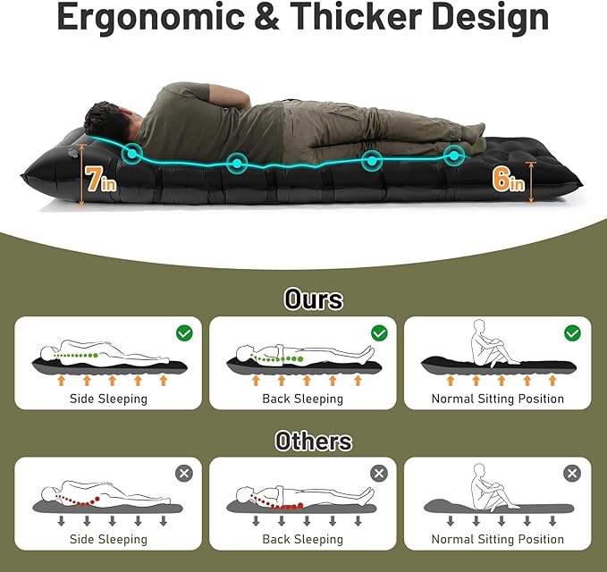 KASBAH Camping Sleeping Pad,Extra Wide 6 inch Thick Inflatable Sleeping Pads with Built-in Foot Pump and Pillow,Ultralight Camping Mat Gear for Outdoor Hiking,Camping
