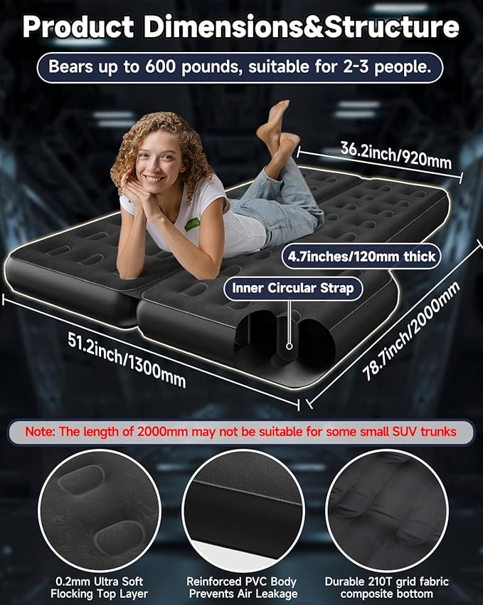 Umbrauto SUV Air Mattress w/Quick-Inflate Car Pump, Durable 2-Chamber Inflatable Van Sleeping Bed for Camping & Travel, Leakproof PVC, Flocked Top