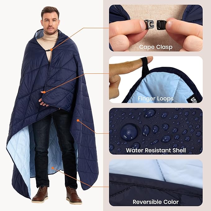 Ultralight Puffy Blanket, Outdoor Camping Blanket, Water-Resistant and Packable, Great for Camping, Stadium, Traveling, Backpacking, Picnic and Beach. 79"x55". Royal Blue