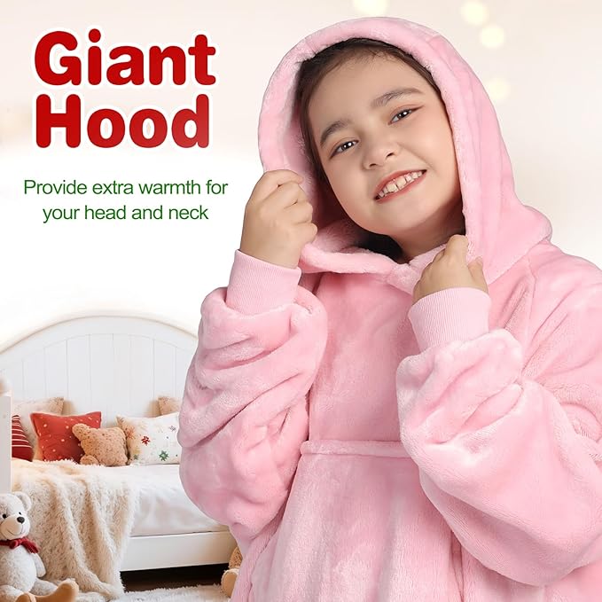 Waitu Wearable Blanket for Kids, Wearable Blanket Hoodie Gifts for Teens Girls and Boys, Warm Blanket Sweatshirt for Teenage, Hoodie Blanket with Sleeves - Bright Pink