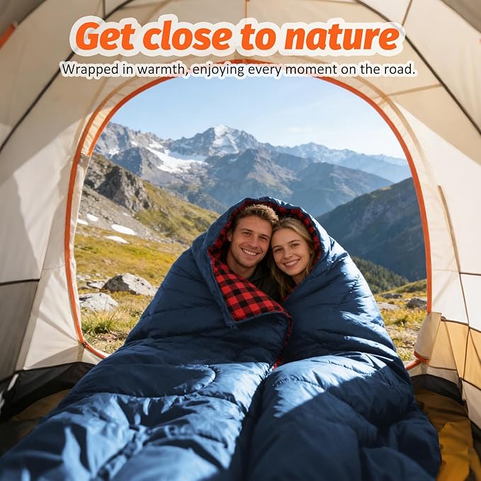 Swtmerry Double Sleeping Bag for Adults with 2 Pillows, Big & Tall Queen Size XL Sleeping Bag for 2 Person, Waterproof & Lightweight Warm for 3 Seasons, Cold Weather,Camping, Hiking & Backpacking