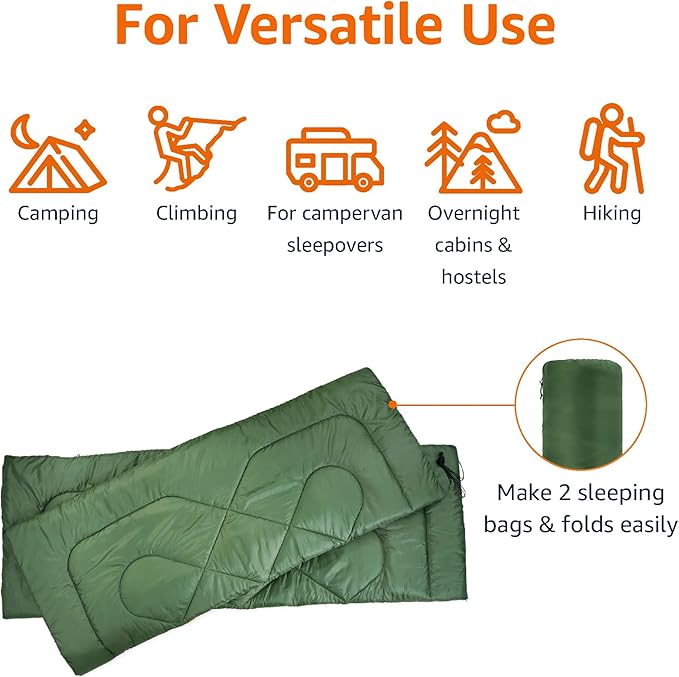 Amazon Basics 40°F Cold Weather Two-Person Sleeping Bag for Outdoor Camping, Queen Size XL, 87" x 59", Olive Green