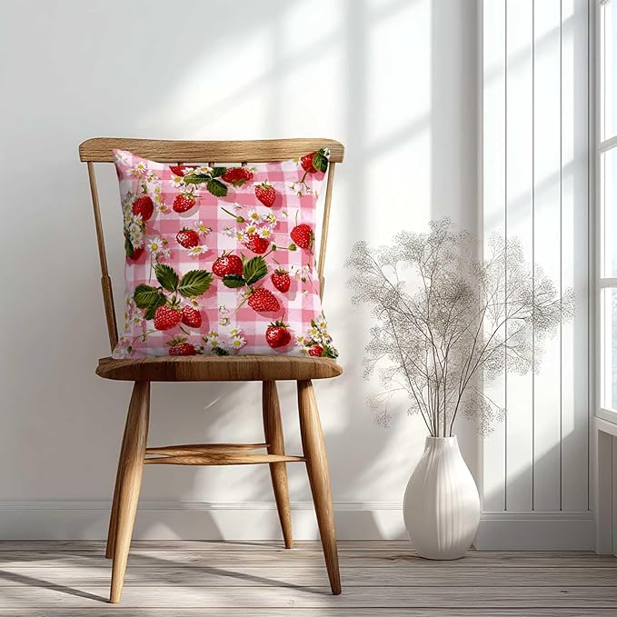 Strawberry Pink Gingham Throw Pillow Covers 18x18 Inch, Set of 2 | Square Cushion Covers for Couch & Living Room | Farmhouse Cottage Home Decor | Spring Summer Decorative Pillowcase