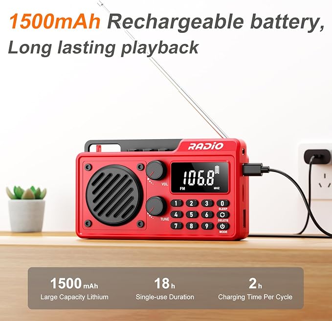 Portable Radio AM FM 1500mAh Rechargeable with Best Reception, Transistor shortwave Radio Wireless Bluetooth Speaker, with Large LCD Screen, Support TF Card U Disk, Earphone, Sleep Timer (Red)