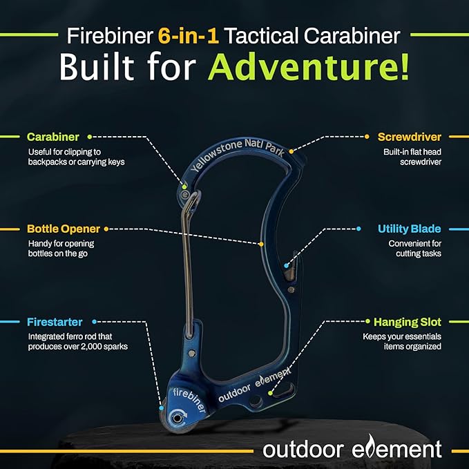 OUTDOOR ELEMENT Firebiner Custom Engraved 6-in-1 Fire Starter Carabiner Multitool – Survival Gear EDC Keychain with Utility Blade, Bottle Opener, Screwdriver, Emergency Tool