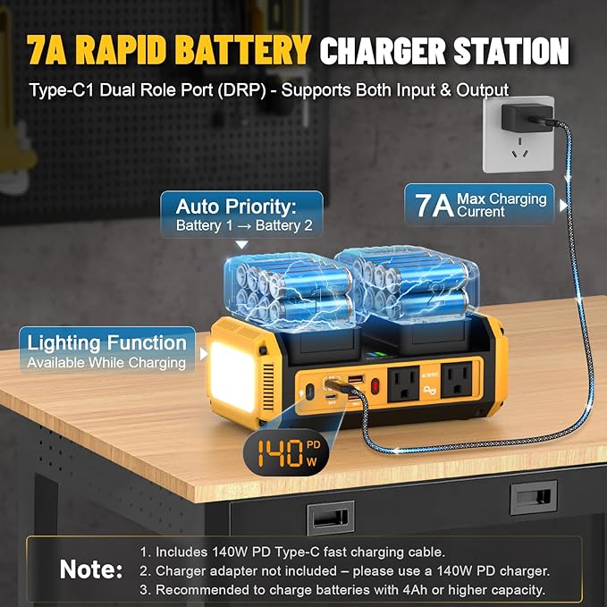 Azocek 350W Power Inverter Pure Sine Wave Compatible with Dewalt 20V Battery (No Battery), 7A Fast Charger, Portable Power Station with 2 AC Outlets, 2 Type-C (140W/65W), 2 QC USB Ports, 600LM LED