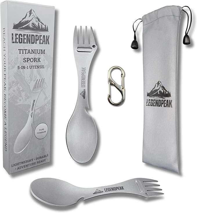 Titanium Spork 5-in-1 Camping Utensil Set 2-Pack – Ultralight Backpacking Silverware with Knife, Bottle Opener & Peeler, Includes Shared Travel Pouch & Carabiner