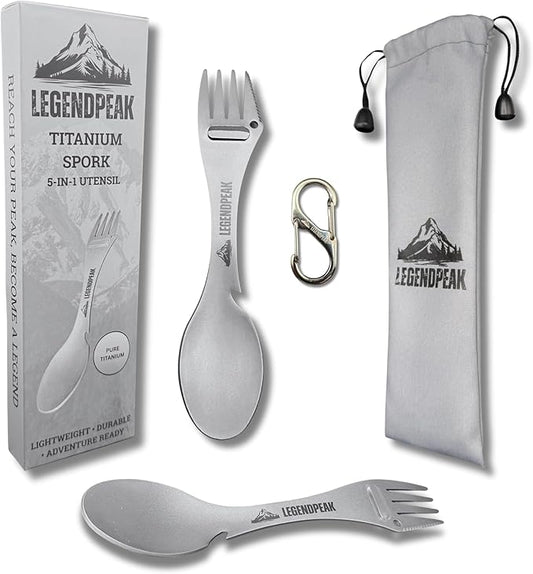 Titanium Spork 5-in-1 Camping Utensil Set 2-Pack – Ultralight Backpacking Silverware with Knife, Bottle Opener & Peeler, Includes Shared Travel Pouch & Carabiner