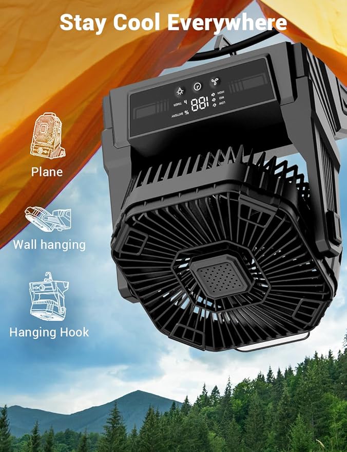 KopBeau Portable Camping Fan with Lights, 20000mAh Rechargeable Battery Operated Fan, Battery Powered Outdoor Beach Tent with 3 Speeds & Hook, Personal USB Table for Camping Accessories Black