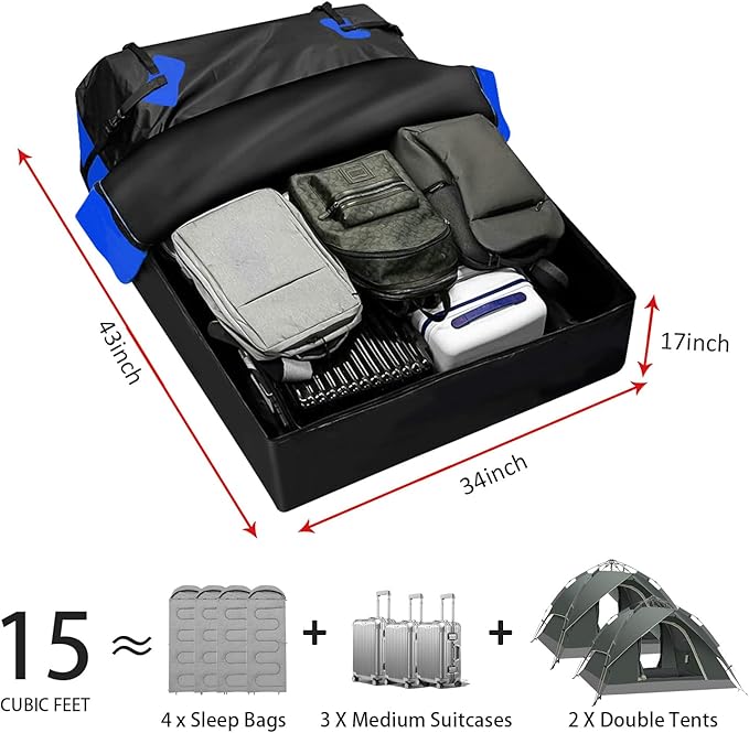 FORWODE 250LBS Universal Roof Rack Basket, 64"x39"x6" Rooftop Cargo Carrier Rack + Waterproof Cargo Bag 15 Cubic Feet(43"x34"x17")