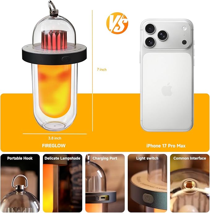 AUGE LIGHT Vintage Camping Lantern Battery Powered with Flickering Flame Effect, Rechargeable LED Camping Light, IP54 Waterproof Outdoor Camping Lamp for Van, Camper, Hiking
