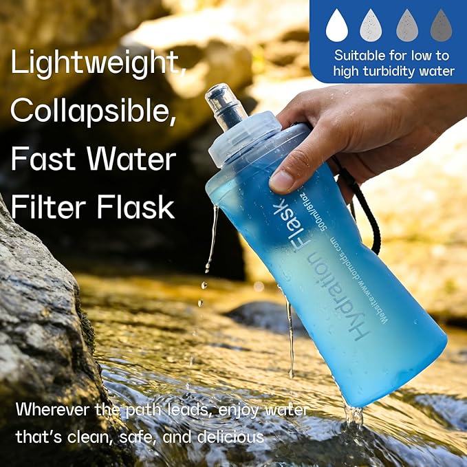 GUYI 1.0L Collapsible Water Filter Bottle, Removes Impurities, BPA Free, Ultralight for Hiking, Camping, Cycling & Travel-Blue