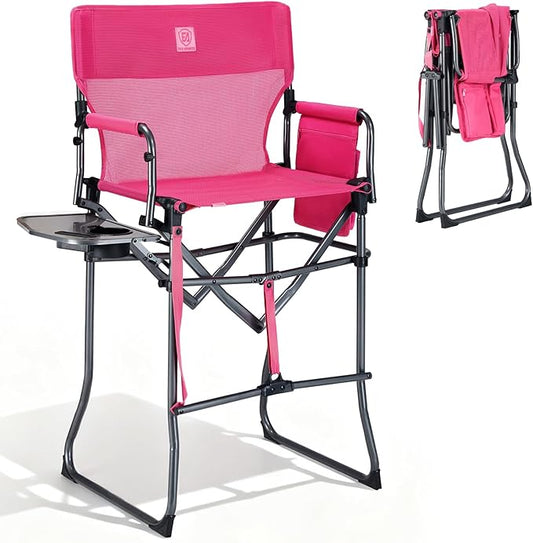 EVER ADVANCED Portable 30.7" Seat Height Tall Folding Camping Chair Directors Chair High Foldable Bar Stool with Side Table for Makeup Artist, Sports Event, Craft Show, Textilene Mesh, Supports 350LBS