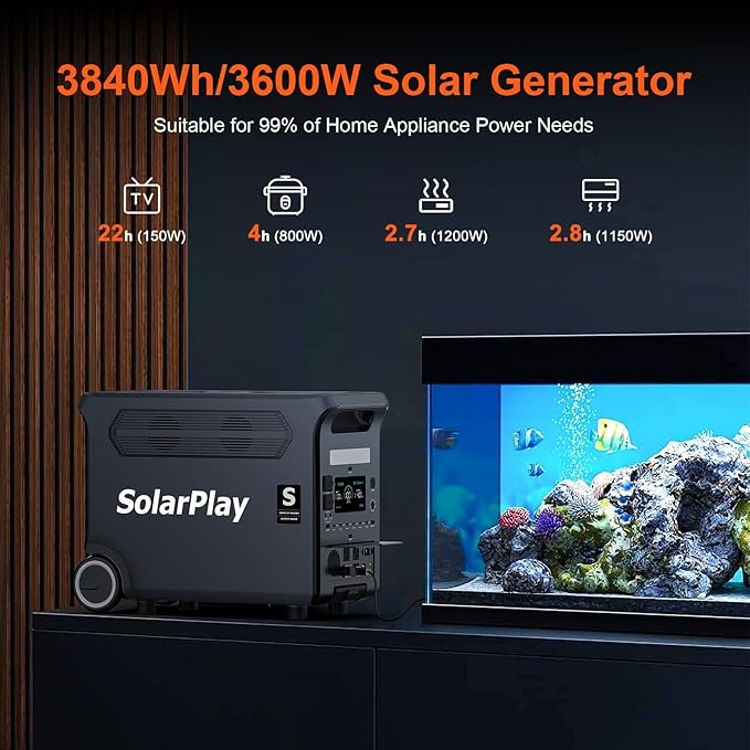 SolarPlay Q3600 Portable Power Station with 400W Solar Panel, 3600W AC Output(Surge 5500W) 3840Wh LiFePO4 Battery Solar Generator, Essential Home Backup for Home Use, Power Outages, RV, Camping