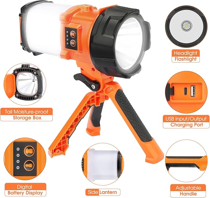 BOBKID Tripod Rechargeable Camping Lantern, 6 Modes LED Flashlight Handheld Spotlight with 4000LM, IPX4 Waterproof Searchlight Work Light for Emergency Hiking Survival Kit - Orange