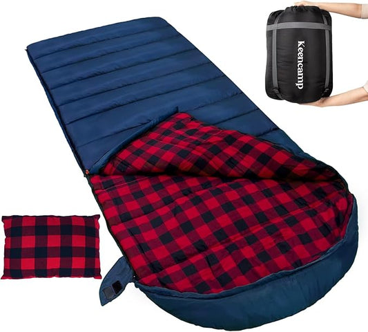Keencamp 0 Degree Sleeping Bag Cotton Flannel Winter Cold Weather for Adults XXL Sleeping Bag 4 Season Big and Tall with Pillow Compression Sack