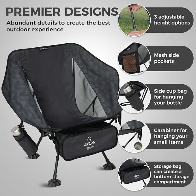 ATEPA UFO3.0 Ultralight Backpacking Chair, 330 lbs Heavy-Duty Aerospace Aluminum Folding Camp Chair with Hexagon Ergonomic Seat Anti-Sink Feet, Compact Portable Outdoor Gear for Hiking Fishing, Black
