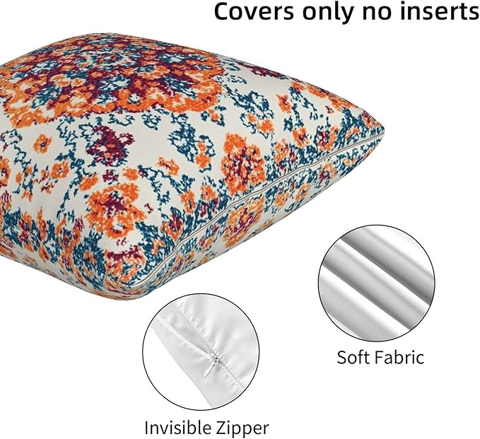 Vintage Bohemian Carpet Pattern Pillow Covers 18x18 inch Set of 2 Orange Blue Ethnic Pillow Case Cushion Cover for Home Sofa Couch Living Room Car Decor