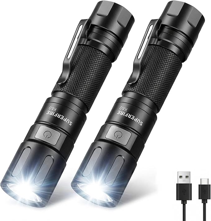 SuperFire 2-Pack 1000 Lumens Rechargeable Flashlights, USB-C Tactical LED Flashlight with Zoom, 4 Modes, Small Bright Waterproof Torch for Camping, Emergency, Everyday Carry
