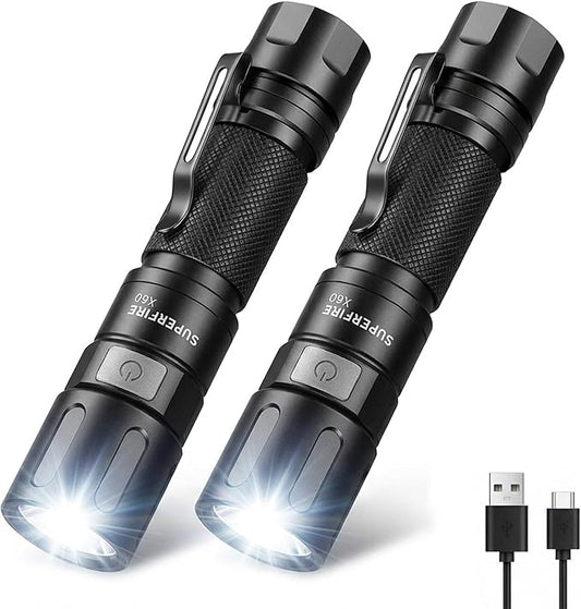 SuperFire 2-Pack 1000 Lumens Rechargeable Flashlights, USB-C Tactical LED Flashlight with Zoom, 4 Modes, Small Bright Waterproof Torch for Camping, Emergency, Everyday Carry