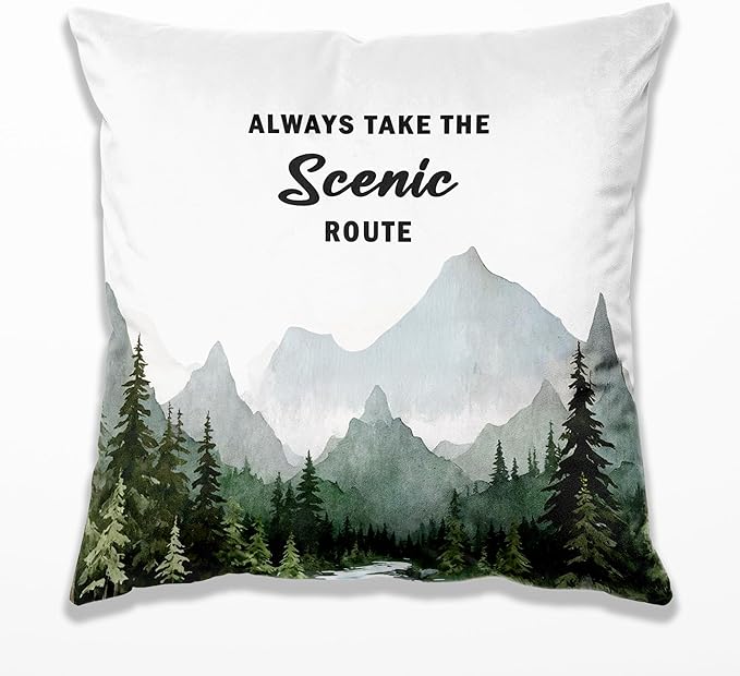 Camping Forest Scenic Mountain Nature Pillow Cover Case 18x18,Camper Lover Gifts,Always Take The Scenic Route Forest Green Camping Pillow Cover Decorative for Home Decor,Rv Pillows Cover,A244