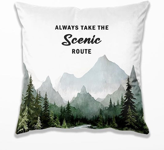 Camping Forest Scenic Mountain Nature Pillow Cover Case 18x18,Camper Lover Gifts,Always Take The Scenic Route Forest Green Camping Pillow Cover Decorative for Home Decor,Rv Pillows Cover,A244