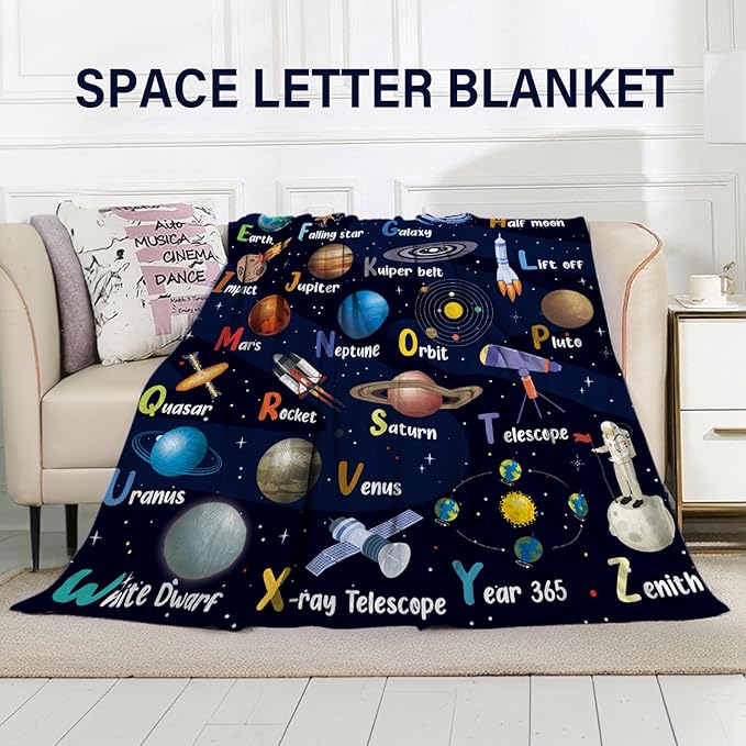 Space Alphabet Blanket, Space Themed Bedroom Decor, 50" X 60" Galaxy Blanket Gifts for Adult, Planet Astronaut Gift for Boys Birthday Christmas