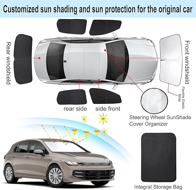 6PCS Windshield Sun Shade Custom Fit for 2009-2014 Volkswagen VW Golf/Rabbit/GTI/R32 MK6 5K Accessories Foldable Sunshade Side Rear Window Shade Cover Full Set Privacy Protection