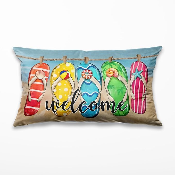 Welcome Summer Flip Flop Colorlife Beach Throw Pillow Cover 20x12, Summer Beach Decorative Pillow Case for Sofa Couch Bed Living Room Bedroom Decor,136-BZ