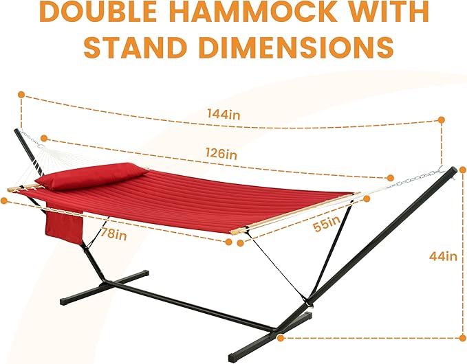 Lazy Daze Hammocks 2 Person Hammock with 12FT Stand for Outside, Quilted Double Hammock with Detachable Pillow, Balance Strap & Carrying Bag Included, 450lbs Capacity, Tool-Free Assembly, Burgundy