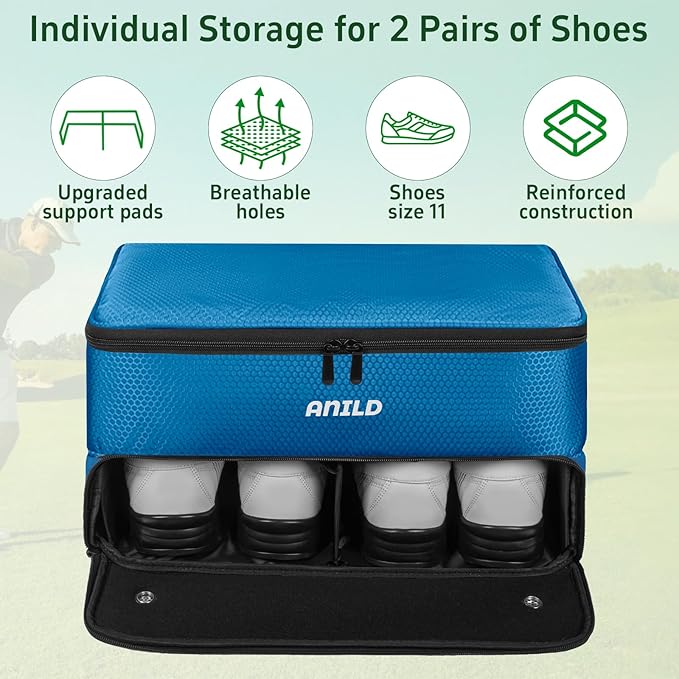 ANILD Golf Trunk Organizer, 2 Layer Golf Storage Case with Separate Ventilated Compartment for 2 Pair Shoes, for Balls, Tees, Clothes, Gloves, Accessories, Golfer Gifts
