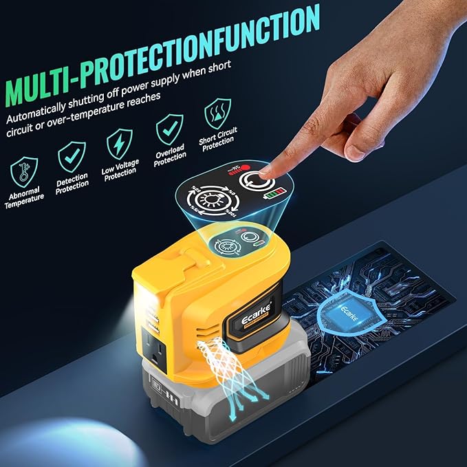 Ecarke 200W Portable Power Inverter Compatible with DeWALT 20V Battery, DC 20V to AC 110V Power Station with 1 AC Outlet, 2 USB, 1 Type-C & LED Light, for Outdoor Emergency Use (No Battery)