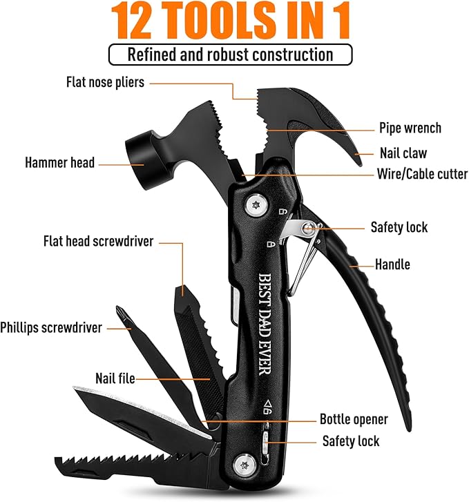 BIIB Gifts for Dads, 12 in 1 Hammer Multitool Camping Essentials, Fathers Day Mens Gifts for Husband Dad Grandpa, Birthday Gifts for Men, Fathers Day Dad Gifts from Daughter Camping Gear Survival Tool