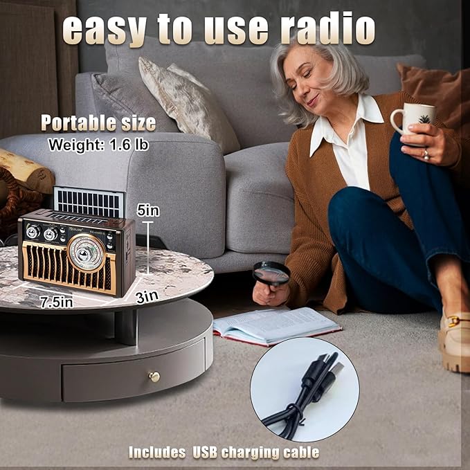 Portable AM FM Radios, Retro Radios with High-Powered Speakers, Support USB Power and Solar Panels Charging.Bluetooth TF Card (Coffee)