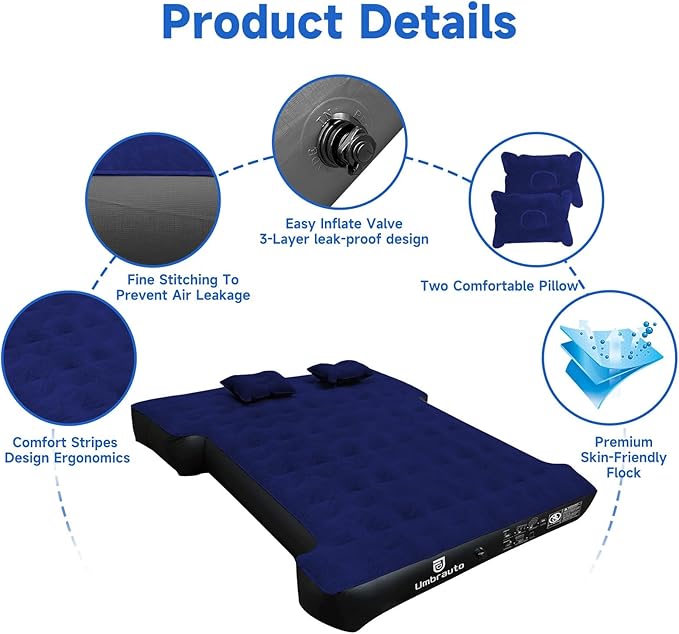 Umbrauto Truck Bed Air Mattress for 5.5'-5.8' Full Size Short Truck Beds, Inflatable Pickup Sleeping Pad for Outdoor Camping with Pump and Pillows, Navy