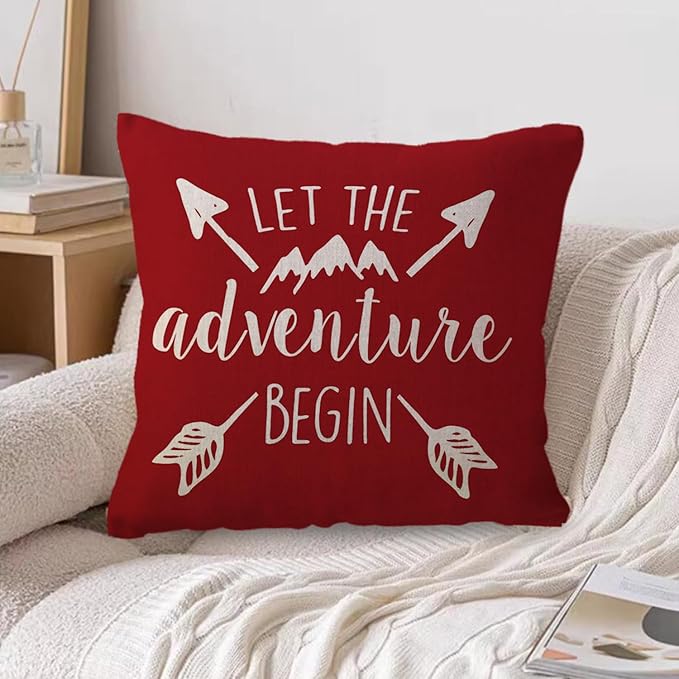 ULOVE LOVE YOURSELF Adventure Arrow Throw Pillow Covers Mountain Forest Pillowcases 18 x 18 Inch Let The Adventure Begin Decorative Cushion Covers for Cabin/Camper (Red)