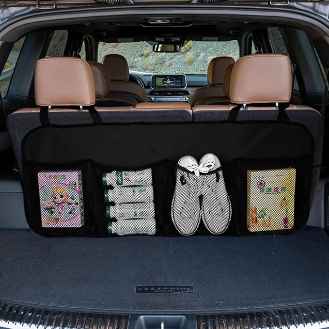Car Trunk Organizer, Large Capacity Backseat Hanging Storage Bag with 4 Pockets, Waterproof Foldable Car Interior Organizing Accessories, Universal for SUV, Truck, Van, MPV (Black)