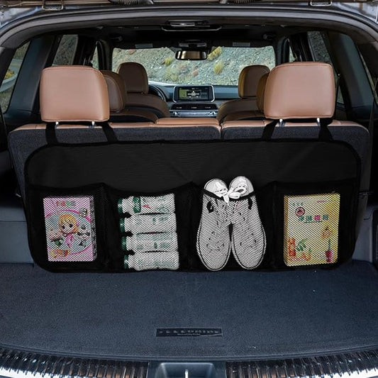 Car Trunk Organizer, Large Capacity Backseat Hanging Storage Bag with 4 Pockets, Waterproof Foldable Car Interior Organizing Accessories, Universal for SUV, Truck, Van, MPV (Black)