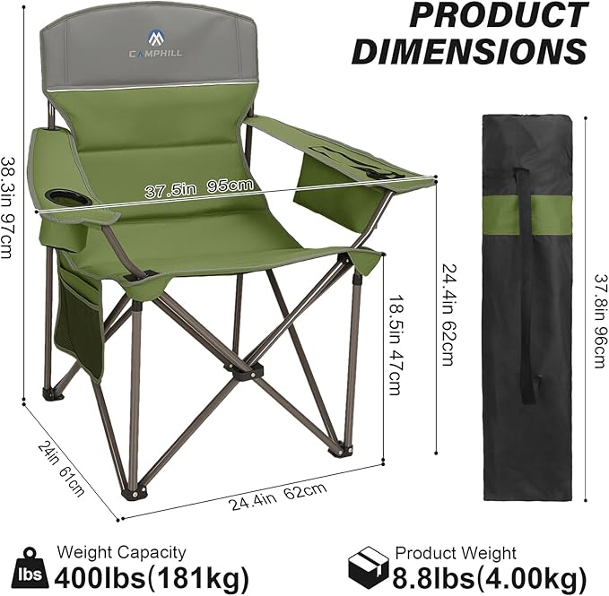 Oversized Camping Chairs 2 Pack - Heavy Duty 400LBS Padded Lawn Chair with Cooler Bag,Cup Holder,Side Pocket,Collapsible for Outdoor,Camp,Fishing & Garden,Olive Green
