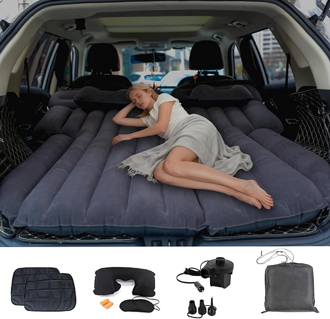 Onirii Inflatable SUV Air Mattress,Thickened Flocking Car Travel Camping Bed with 2 Pillows & Air Pump,Portable Car Sleeping Mattress for SUV Trunk and Rear