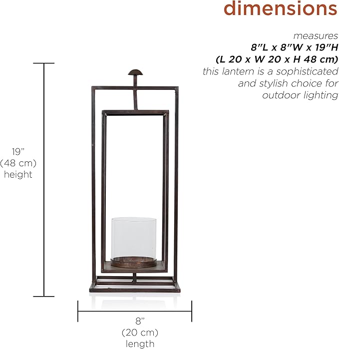 Alpine Corporation 19" Small Rectangular Lantern with Glass Candle Holder , Outdoor Lantern for Patio, Porch, or Deck Décor, Bronze