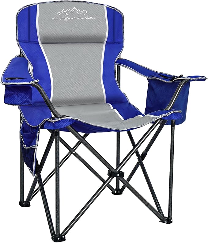 Folding Camping Chair Portable Outdoor Heavy Duty Padded Chairs Lawn Chair with Cup Holder, Storage Pocket and Cooler Bag, Supports 480LBS Blue