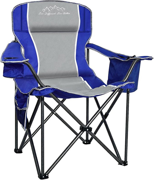 Folding Camping Chair Portable Outdoor Heavy Duty Padded Chairs Lawn Chair with Cup Holder, Storage Pocket and Cooler Bag, Supports 480LBS Blue