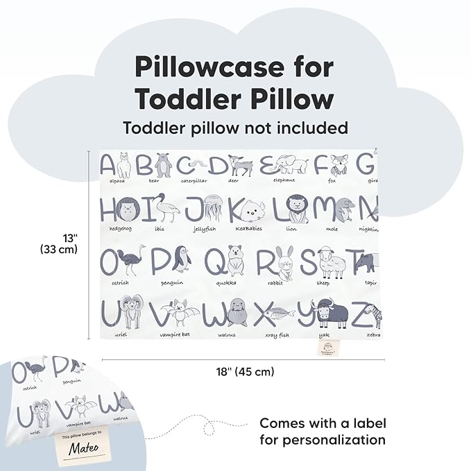 KeaBabies Toddler Pillowcase 13"x18" - Organic Cotton Toddler Pillowcase for Kids, Boys, Girls, Soft & Durable Cotton Cover for Miniature Sleepy Pillows, Cute Colors, Pillow Sold Separately(Alphamals)