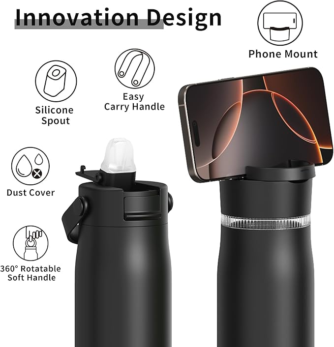LISI 24oz Insulated Water Bottle, Double Wall Stainless Steel Water Bottles with Straw, 100% Leak-Proof Travel Thermal Canteen Mug with 2 Lids (Straw, Phone Holder Lid)