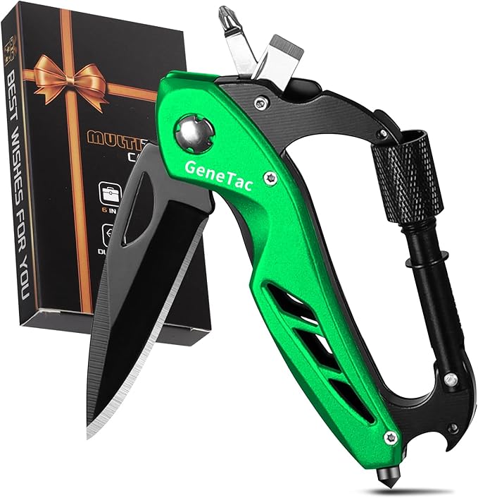 Multi-tool Carabiner with Pocket Knife, Bottle Opener, Window Breaker, Screwdrivers, EDC Tactical Survival Gear for Camping (Green)