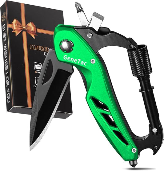 Multi-tool Carabiner with Pocket Knife, Bottle Opener, Window Breaker, Screwdrivers, EDC Tactical Survival Gear for Camping (Green)
