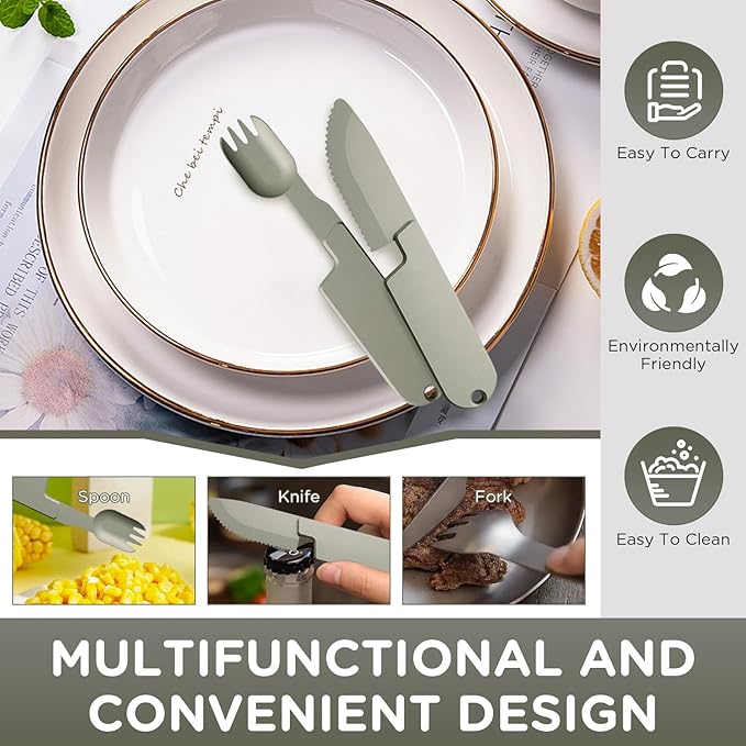 2 in 1 Camping Eating Utensils Set, Respectivem Portable Detachable Knife Spork Cutlery Set, Pocket Cooking Fork Spoon Tool, Multifunction Travel Utensil Silverware Flatware for Hiking