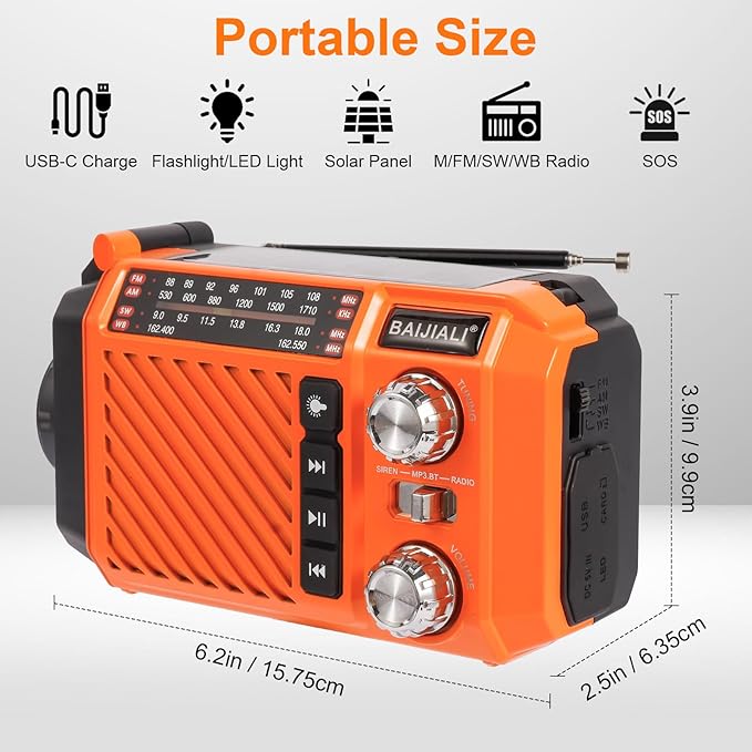 Hand Crank Emergency Weather Radio with 2600mAh/9620mWh Power Bank, NOAA AM FM Shortwave Portable Radio, Solar & USB-C Charging, Flashlight, SOS Alarm for Emergency Kits (Orange)