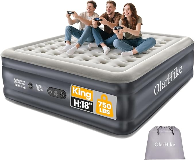 OlarHike King Size Air Mattress with Built-in Pump, 18" Extra-Wide Raised Inflatable Air Bed for Home and Guests, Heavy-Duty Support for 2-4 Sleepers Up to 750 lbs